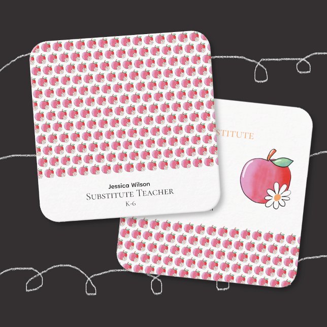 Röd Apple Daisy Utbildare Liten Fyrkantig Kontaktk (Red apple and daisy pattern educator small square contact card .)