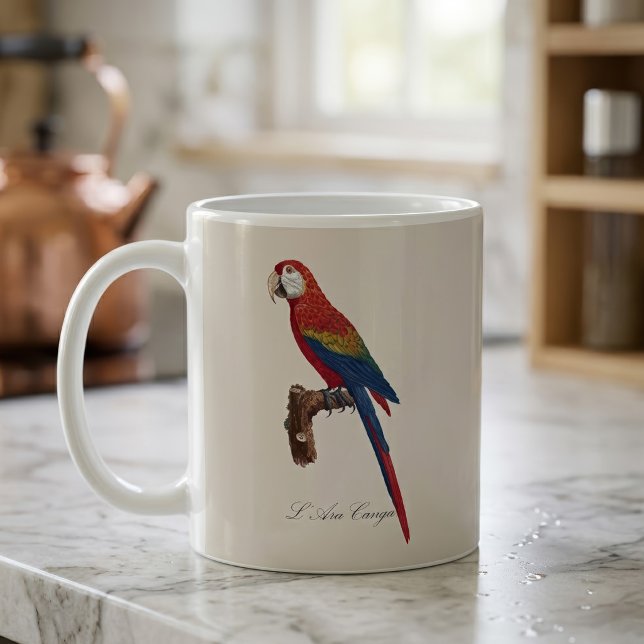 Röd ara eller Blå-gul ara är inte korrekt, det kor Kaffemugg (Scarlet Macaw or Red-Breasted Macaw, Ara macao. Coffee Mug)