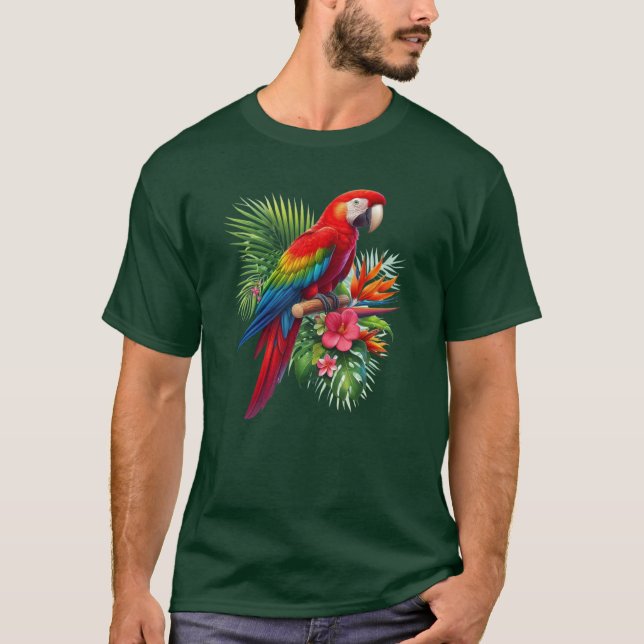 Röd ara tropisk blom- t shirt (Framsida)