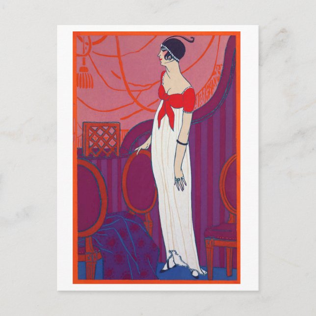 Röd Art Deco-modeskiss av George Barbier Vykort (Framsida)