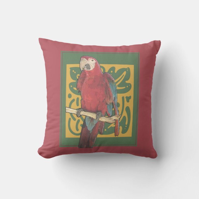 Röd art nouveaupapegoja utomhuskudde (Framsida)