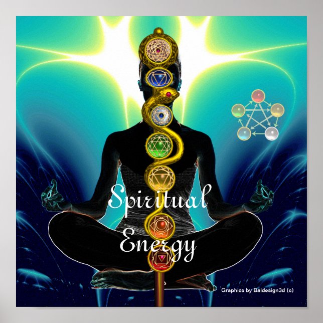 ROD ASCLEPIUS 7 CHAKRAS,YOGA LOTUS POSE Blue Poster (Framsidan)
