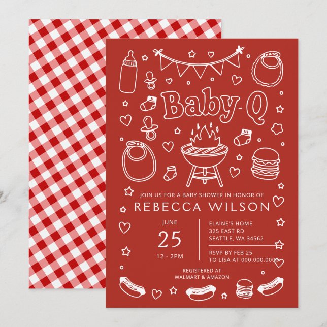 Röd Baby Q Grill Baby Shower  Inbjudningar (Fram/baksida)