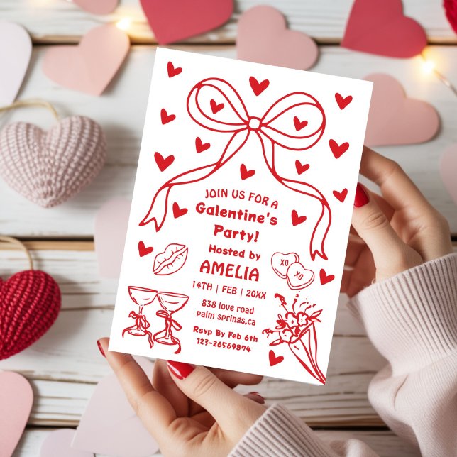 Röd  båge Galentines-firande, natt-valentin Inbjudningar (Skapare uppladdad)
