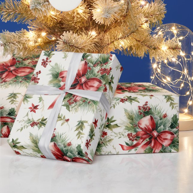 Röd båge på helgdag gröntar presentpapper (Helgdagar)