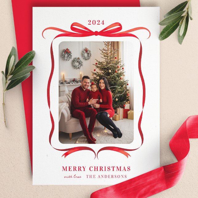 Röd båge Vågig banderoll Ram Glad jul Foto Julkort (Skapare uppladdad)