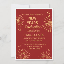 Röd bakgrund & fyrverkerier Gott nytt år  Inbjudningar