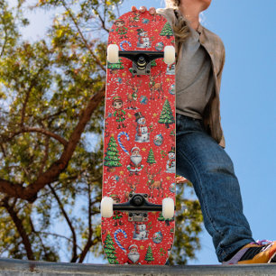 Röd bakgrund jul dekorativt mönster mini skateboard bräda 18,5 cm
