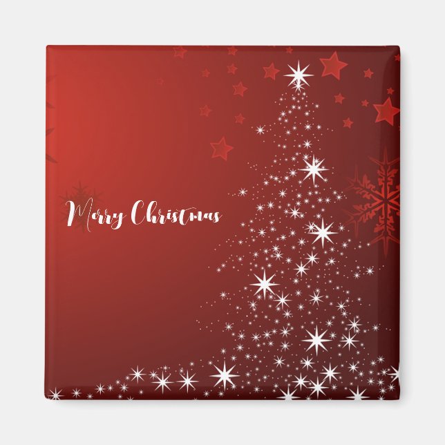 Röd bakgrund med Starry Julgran Magnet (Framsidan)