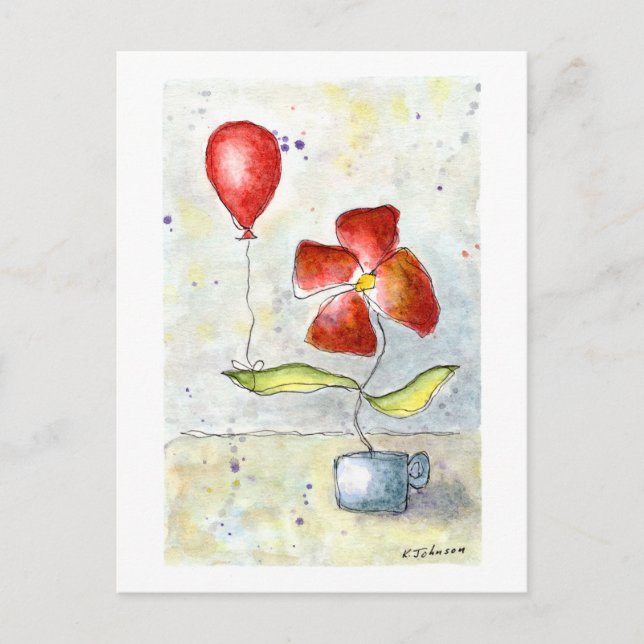 Röd ballong och vykort för färgen Flower Watercolo (Framsida)