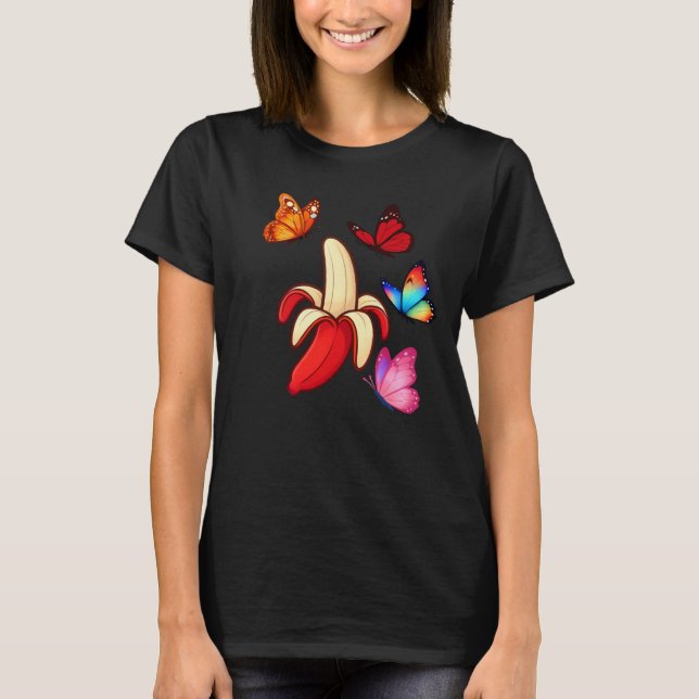 Röd banan omgiven av färgglada fjärilar t shirt (Framsida)