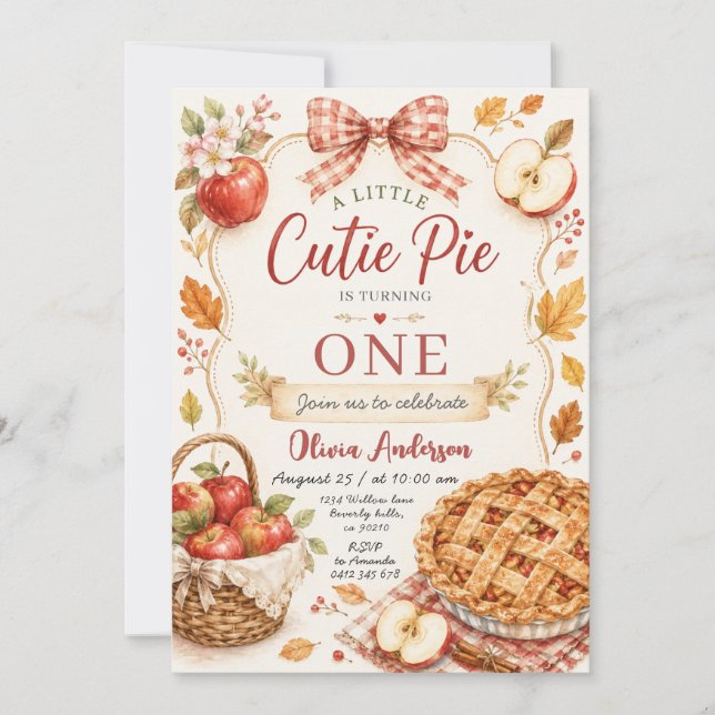 Röd band Apple Cutie Pie Första födelsedagen  Inbjudningar (Framsida)