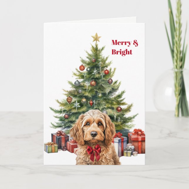 Röd band Cockapoo hund julgran kort (Framsida)