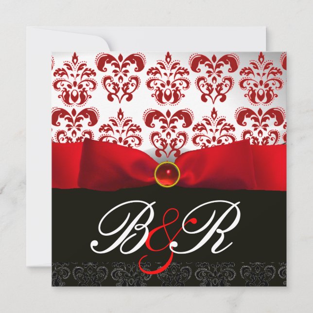 RÖD BAND RUBIN VIT SVART  DAMASK MONOGRAM INBJUDNINGAR (Framsida)
