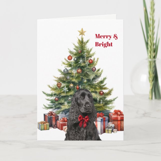 Röd band svart Cocker Spaniel hund julgran Helgkort (Framsida)