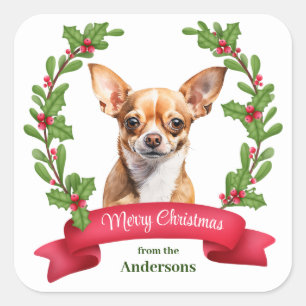 Röd banderoll Holly Brun Chihuahua Hund Jul Fyrkantigt Klistermärke