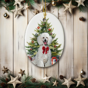 Röd banderoll Vit Standard Pudel Hund Jul Julgransprydnad Keramik