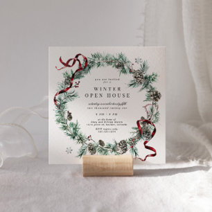 Röd bandgrönsakskrans fyrkantig öppen hus-inbjudan inbjudningar