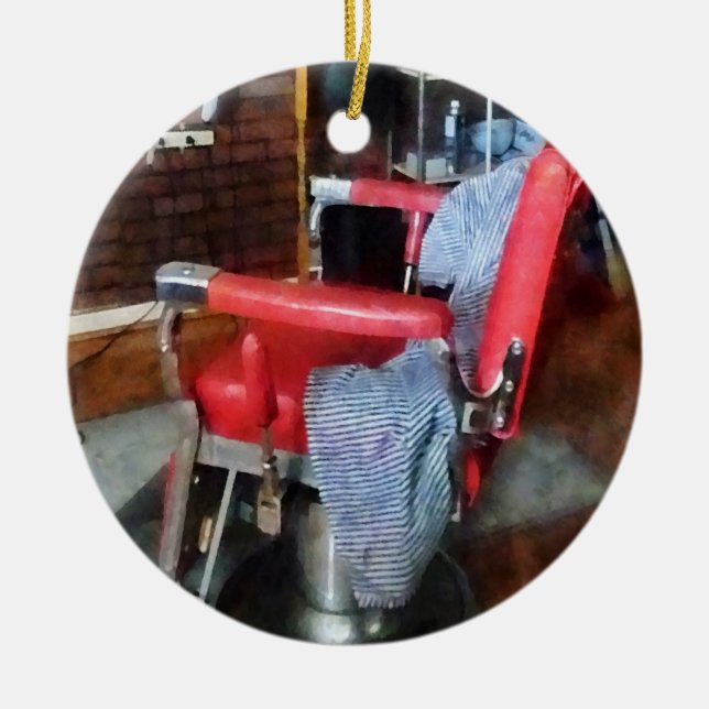 Röd barberarestol julgransprydnad keramik (Framsidan)