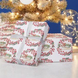 Röd Bärkrans Merry & Bright Guld Snöflingor Presentpapper