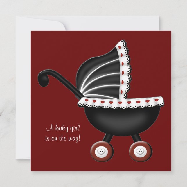 Röd barnvagn Baby Shower för flicka Inbjudningar (Framsida)