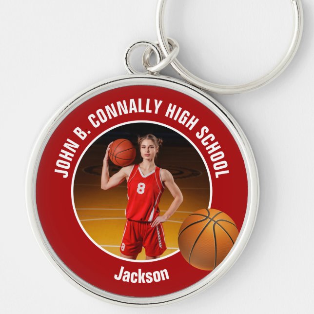 Röd basketspelarfoto högstadieanda rund silverfärgad nyckelring (Framsidan)