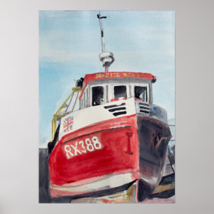 Röd båt Kust Akvarell Poster
