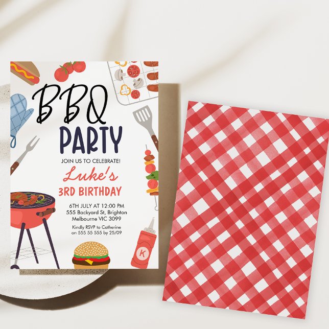 Röd Bbq Blå Ugnshandskar Pojkar Bbq Födelsedag  Inbjudningar (Bbq birthday party invitation, Backyard Bbq Birthday Invitation, Gingham, blue mitt, Summer Bbq)