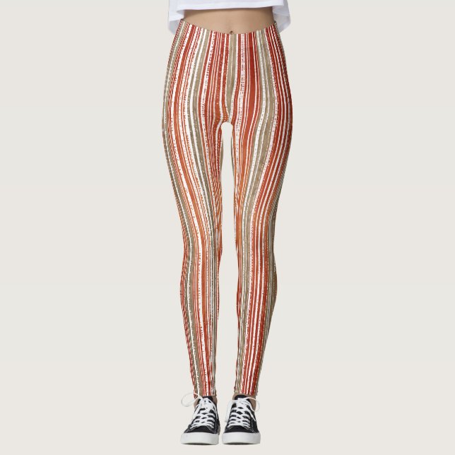 Röd, Beige och vit stripe Mönster Leggings (Framsida)