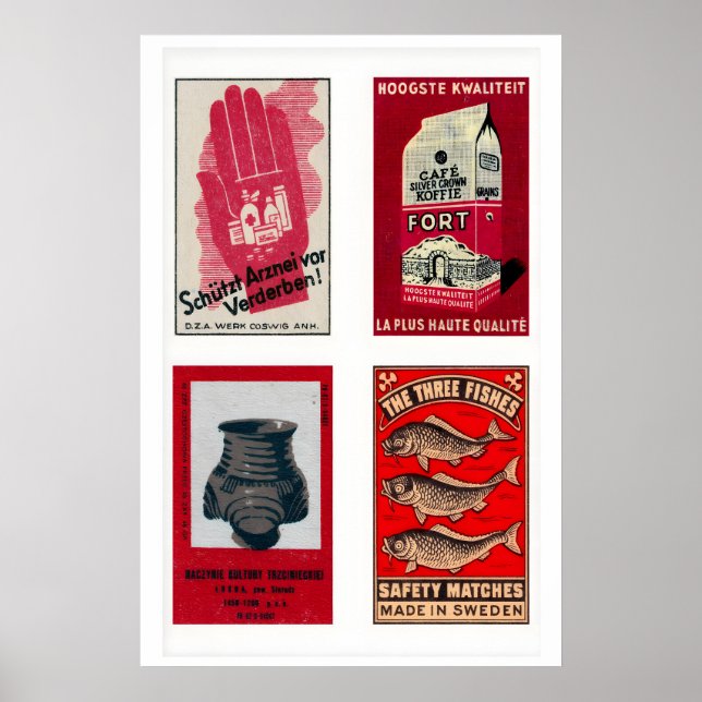 Röd & Beige Tändsticksbox Etiketter Grid Print, Vi Poster (Framsidan)