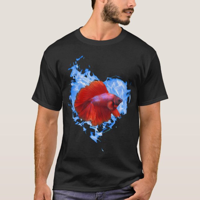 Röd Betta Fisk I Blå Flamma Hjarta T Shirt (Framsida)