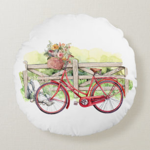 Röd bike med blommor, vattenfärg rund kudde