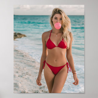 Röd bikinikvinna vid havet Söt bubbelgummibubbla Poster