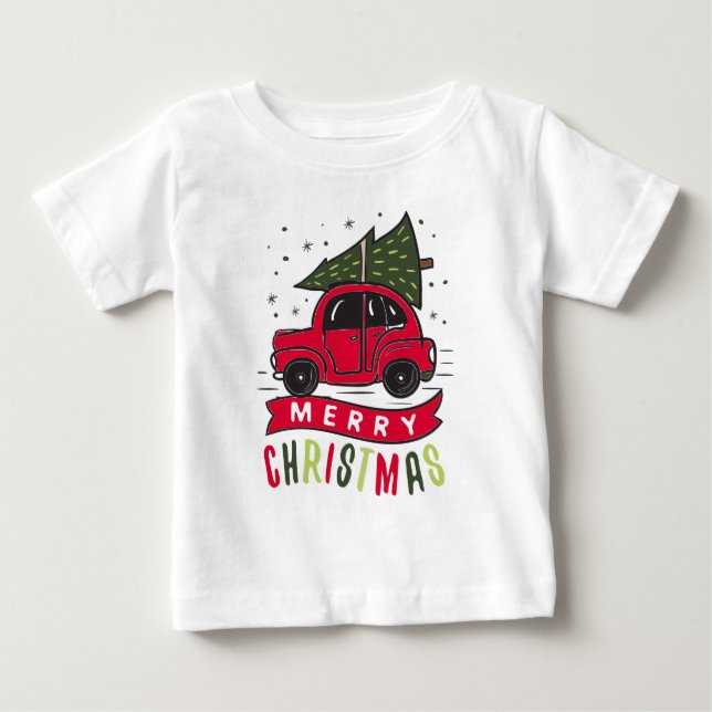Röd bil Glad julgran Färgglatt Roligt T-Shirt (Framsida)