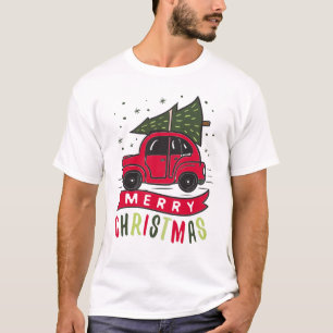 Röd bil God Jul Träd Färgglad Rolig T Shirt