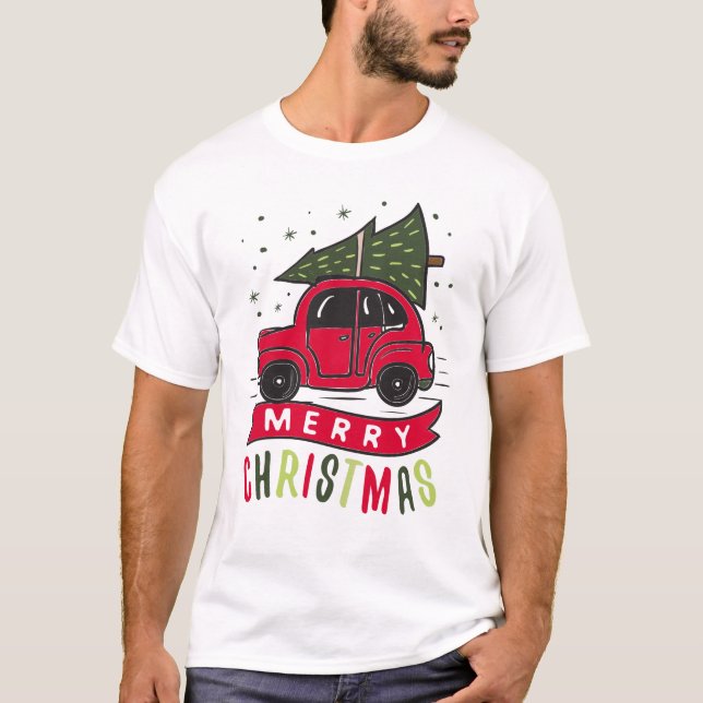Röd bil God Jul Träd Färgglad Rolig T Shirt (Framsida)