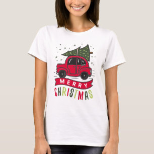 Röd bil God Jul Träd Färgglada Roliga T-Shirt