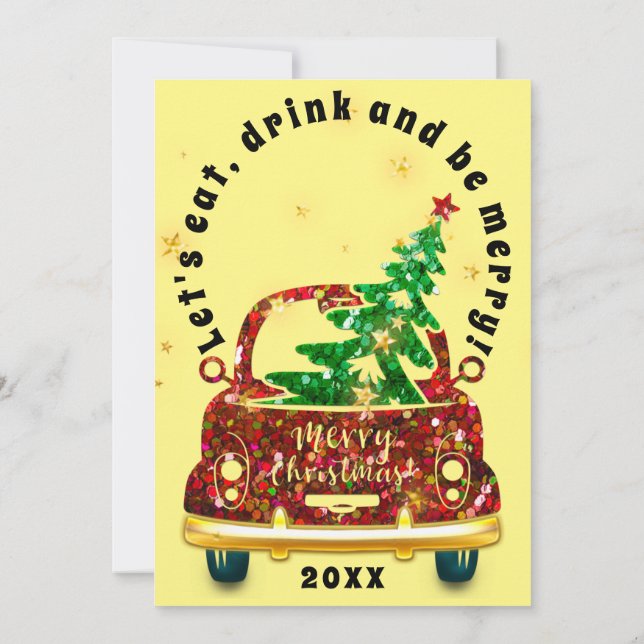 Röd bil Jul Brunch Dinner Träd Guld Gult Inbjudningar (Baksida)