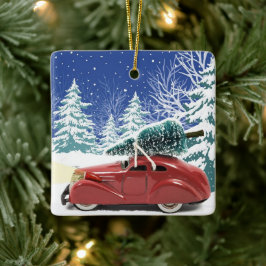 Röd bil med Julgran på Tak Julgransprydnad Keramik