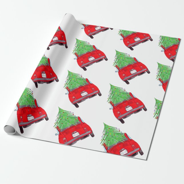 Röd bil med Julgran vattenfärg Presentpapper (Utrullad)