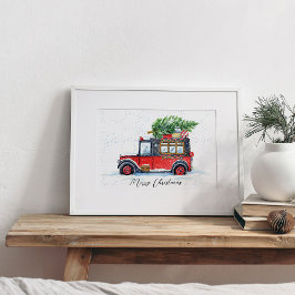 Röd bil med Julgranar i Snö Poster