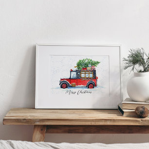 Röd bil med Julgranar i Snö Poster