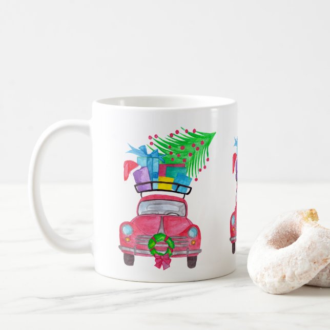 Röd bil med julklappar Vattenfärg Kaffemugg (Med munk)