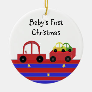 Röd bil och kärra babyens första jul julgransprydnad keramik