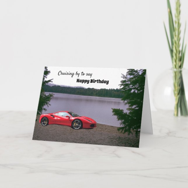 Röd bil på Beach-födelsedagskortet Kort (Framsida)