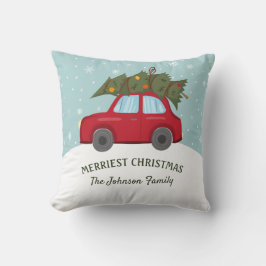Röd bil som bär på julgran Gladaste jul Kudde