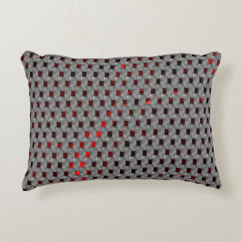 Röd bild under grått tallrikar, rektangulära forme prydnadskudde