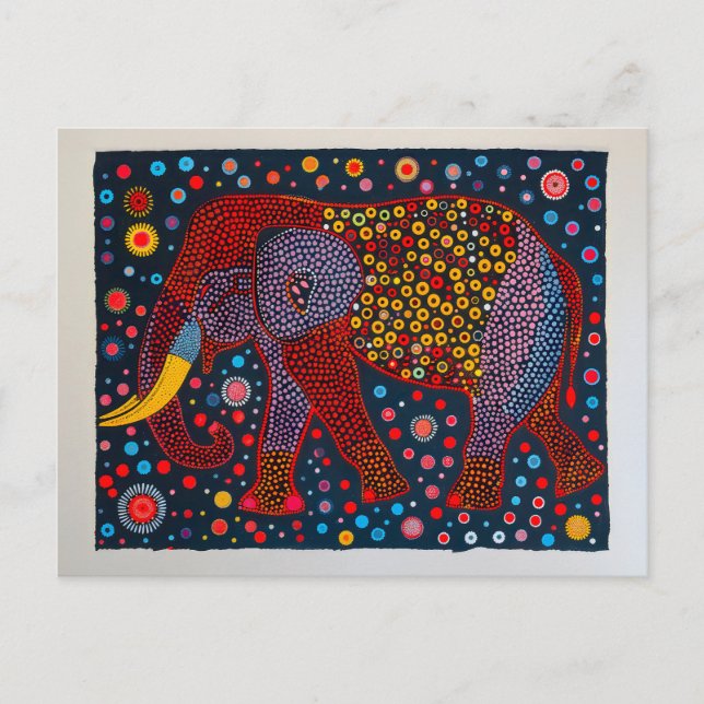 Röd Blå Abstrakt Elefant med blommiga prickar Helg Vykort (Framsida)