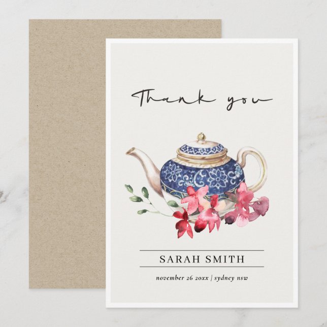 Röd Blå akvarell Tekanna Blommig Tekalas Tack Kort (Fram/baksida)