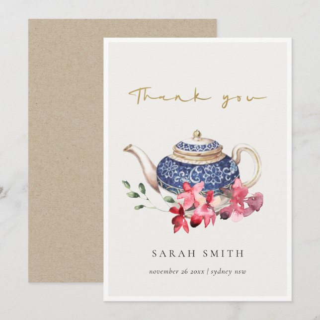 Röd Blå akvarell Tekanna Blommig Tekannemiddag Tack Kort (Fram/baksida)